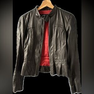 DSQUARED² Black Leather Vintage Moto Jacket - Ruffle Hem, Red Lining, Size 40